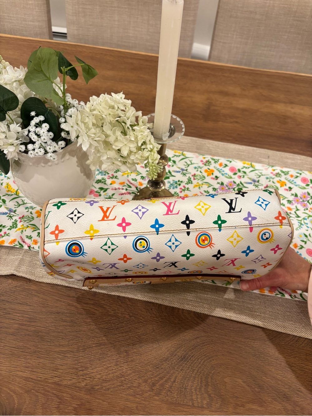 Louis Vuitton White Multicolor Monogram Canvas Shoulder Bag with Bow - Picture 5 of 5